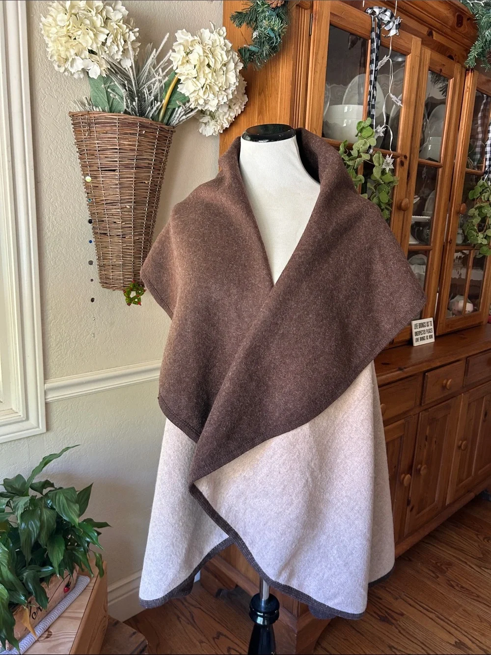 Reversible Brown and Cream Shawl-Collar Wrap
